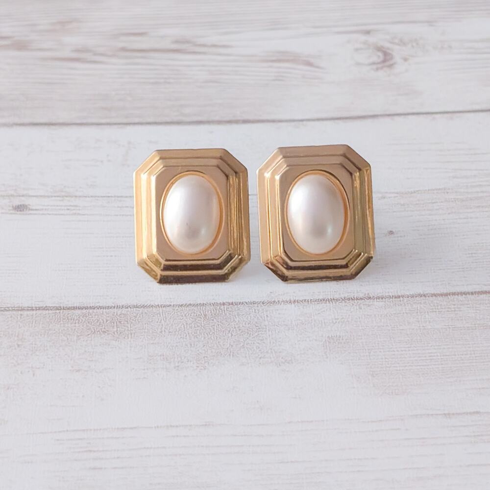 Vintage Clip On Earrings Rectangle Gold Tone & Pearlescent - Clip Repair Needed